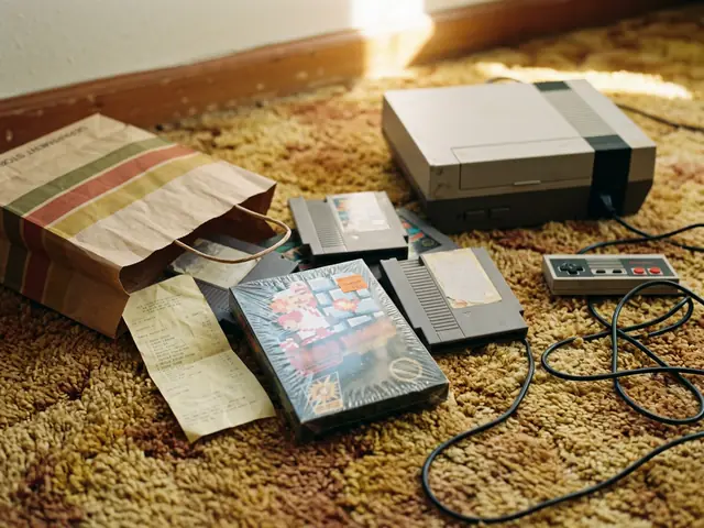 Retro game cartridges, a sealed game box and an old receipt