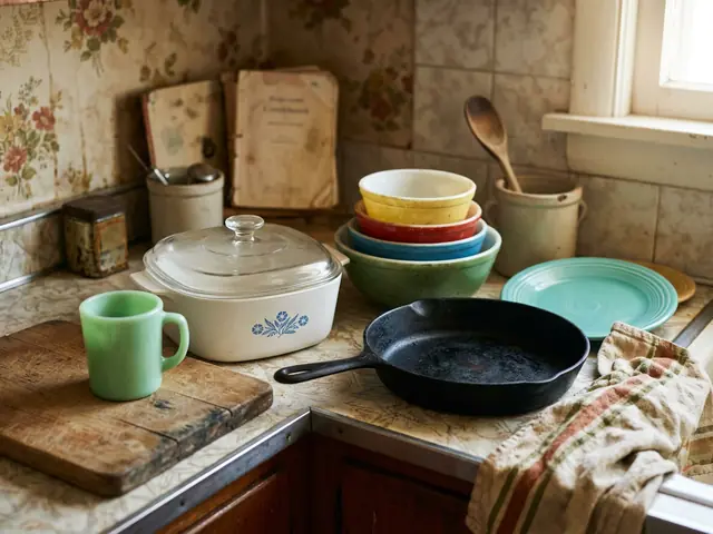 Vintage casserole dishes and mixing bowls on a 1960s kitchen counter