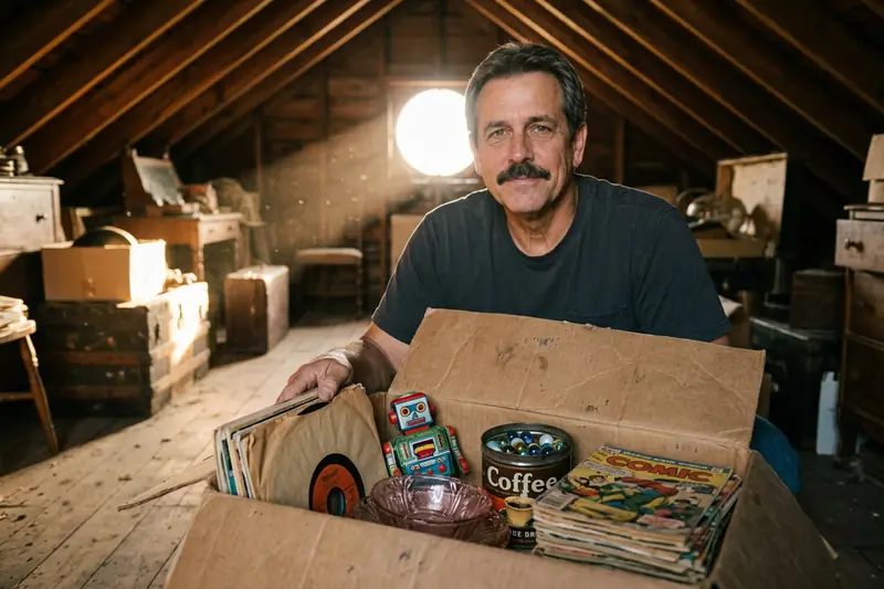 Richard Hayes in an attic beside an open box of vintage things
