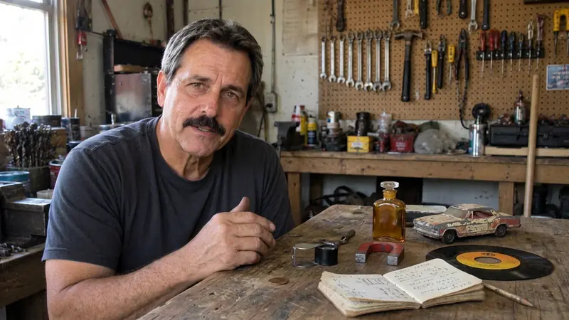Richard Hayes at his workbench with an old penny, a magnet, a perfume bottle and a toy car